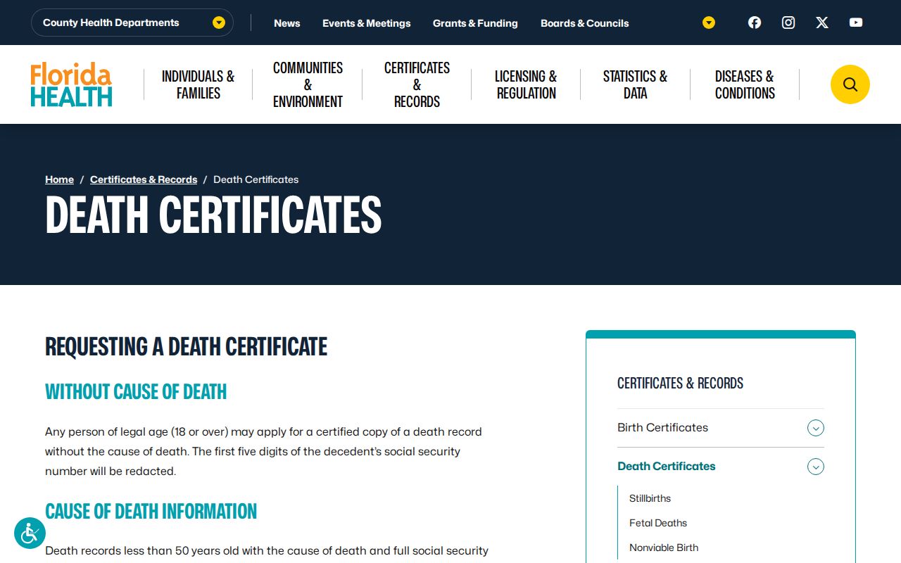 Florida death certificate access for St. Cloud previous resident research