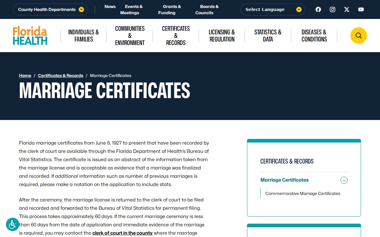 Florida marriage certificate access for St. Cloud previous residents research