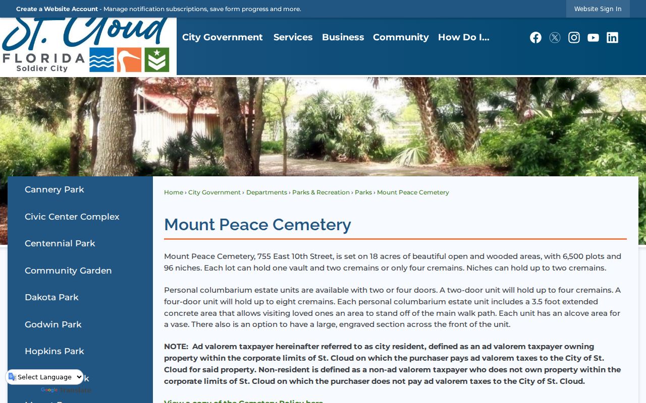 Mount Peace Cemetery records for St. Cloud previous residents