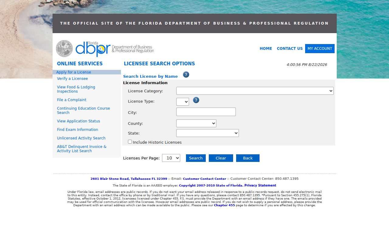 Florida DBPR city county and ZIP search controls for St. Cloud
